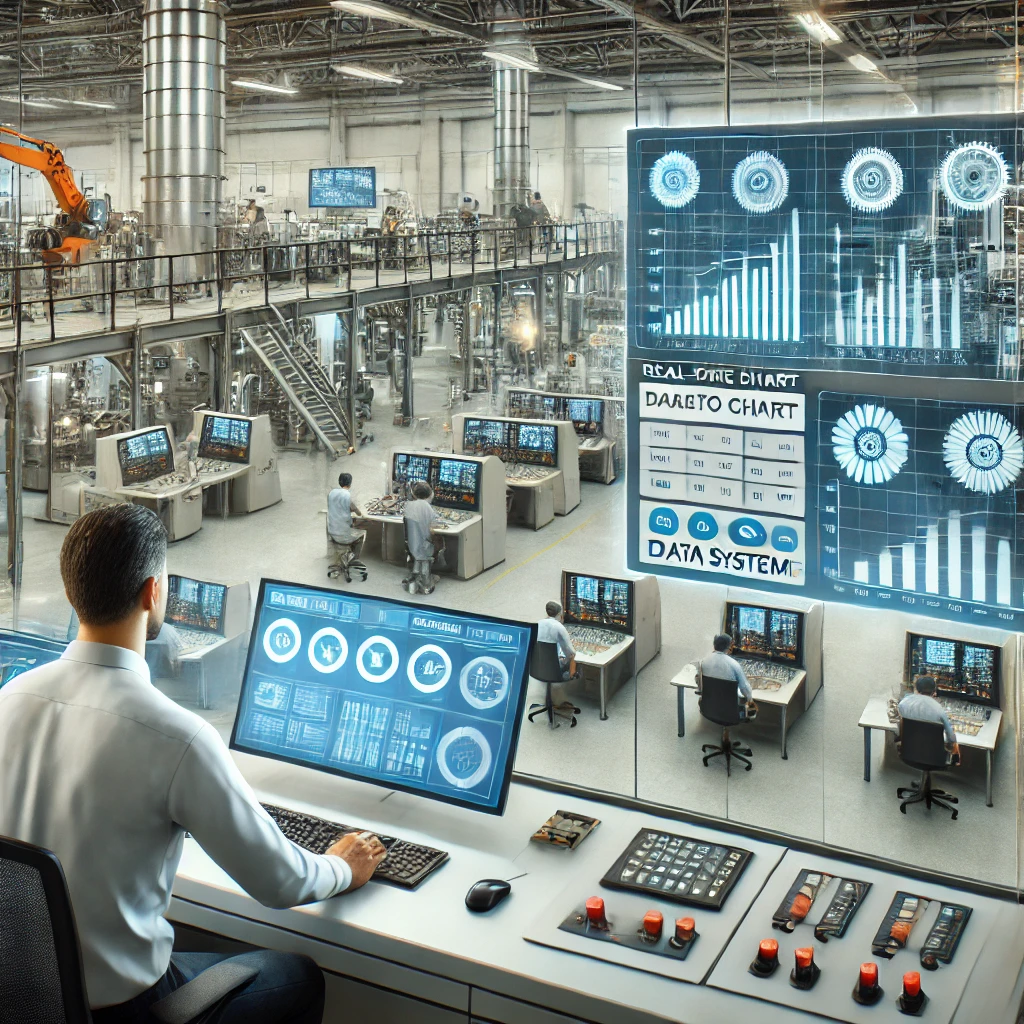 Advanced Pareto Chart Data Systems in use at a modern manufacturing plant, showcasing operators monitoring real-time production data