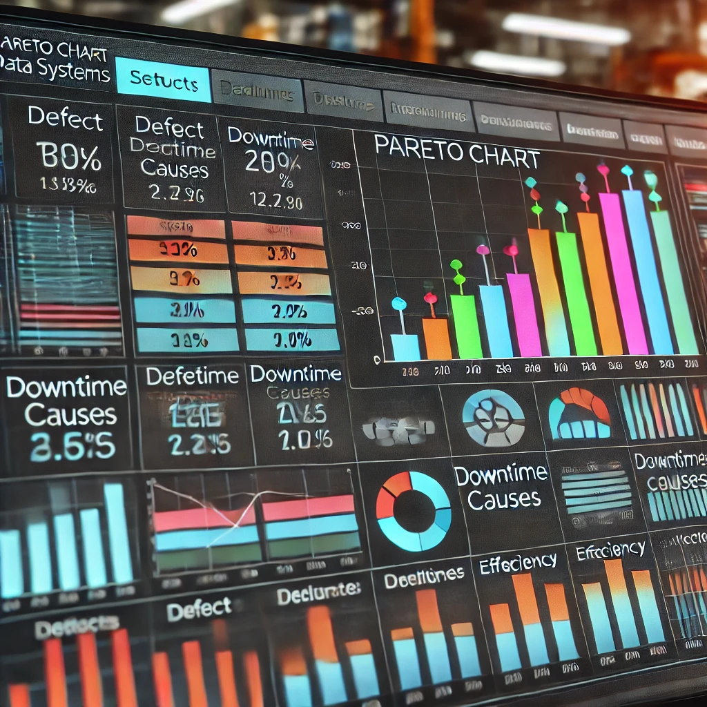 Detailed view of a Pareto chart within Pareto Chart Data Systems, displaying production metrics like defect rates and downtime causes on a monitor